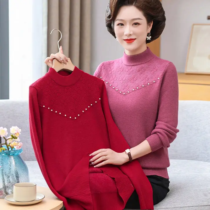 

Women's Autumn and Winter New Elegant Knitted Base Shirt Half Turtleneck Plus Velvet Thickened Sweater Fashionable Top M154