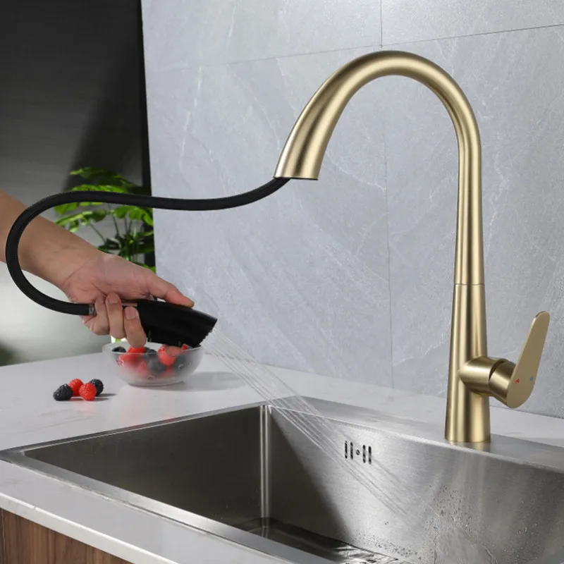 Pull Out Kitchen Faucet Brush Gold Sink Mixer Tap 360 degree Rotation Kitchen Mixer Taps Kitchen Tap No Lead 304 SUS Material