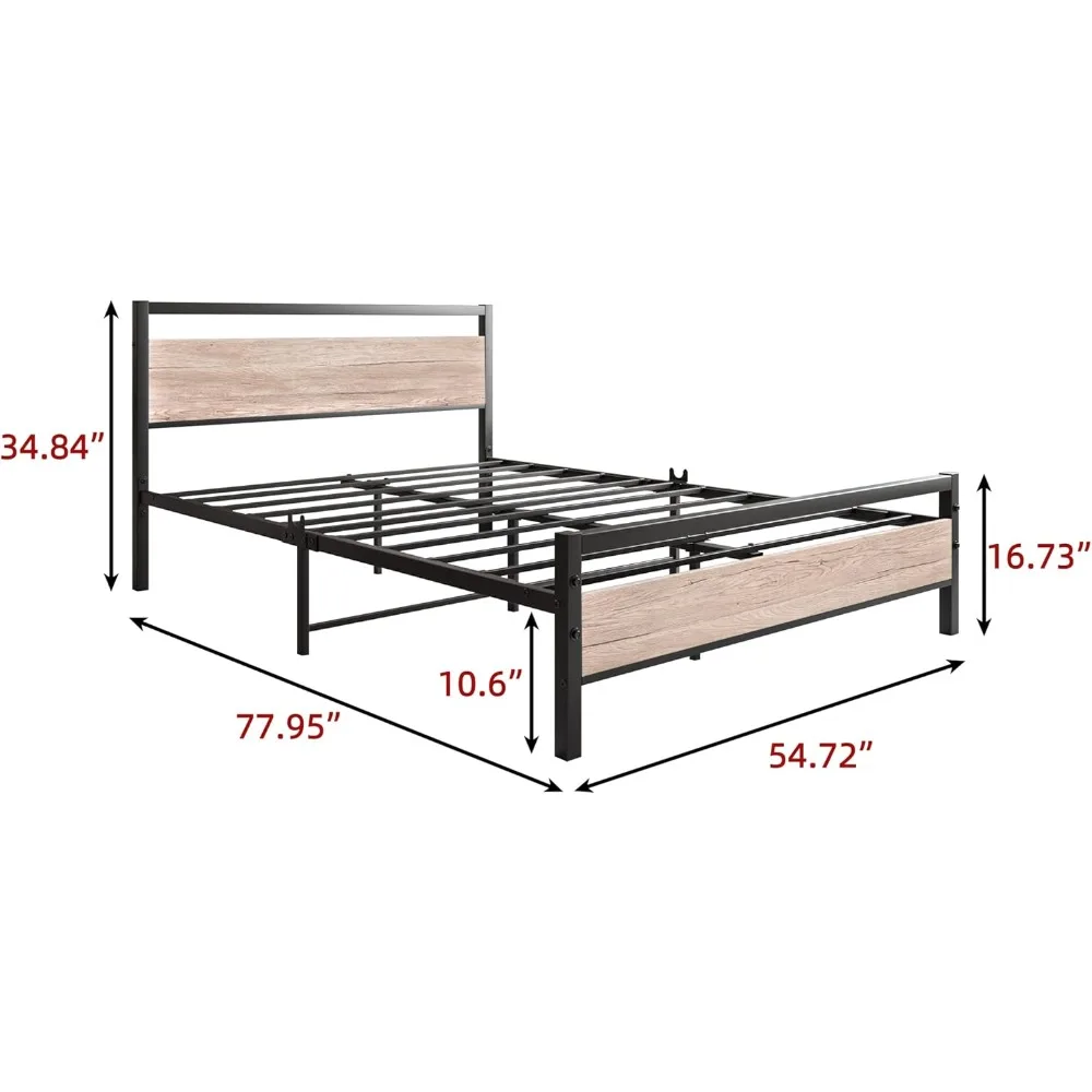 Bed Headboard Rustic Metal Platform Bed Frames Full Base Beds and Frames Oak Color Mattress Platform With Steel Slat Support