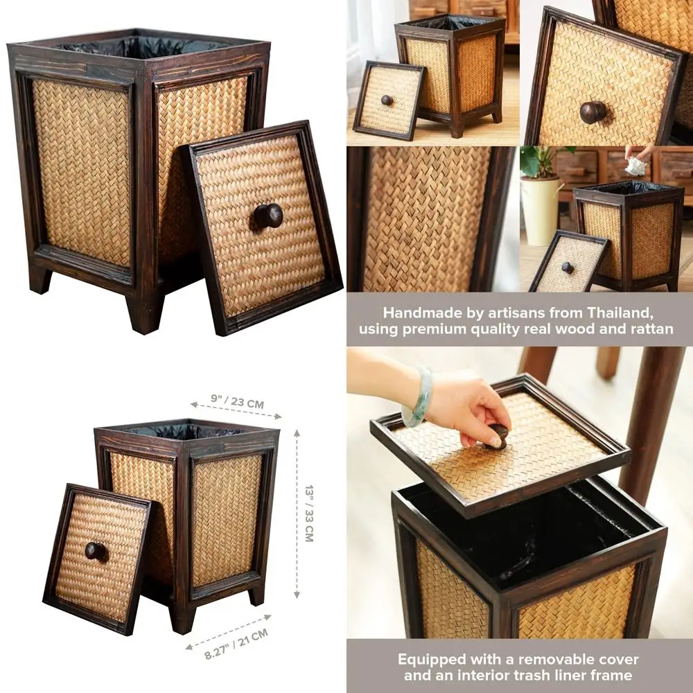 

Handwoven Brown Square Trash Can - 7L Capacity Rattan Garbage Bin with Lid for Bathroom and Kitchen Decorative Waste Management