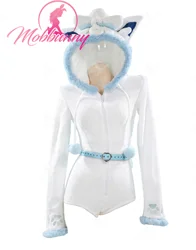 Mobbunny PM Derivative Fluffy Bodycon Romper Sexy Lingeire White Blue Furry Hooded Bodysuit with Tail Belt and Socks