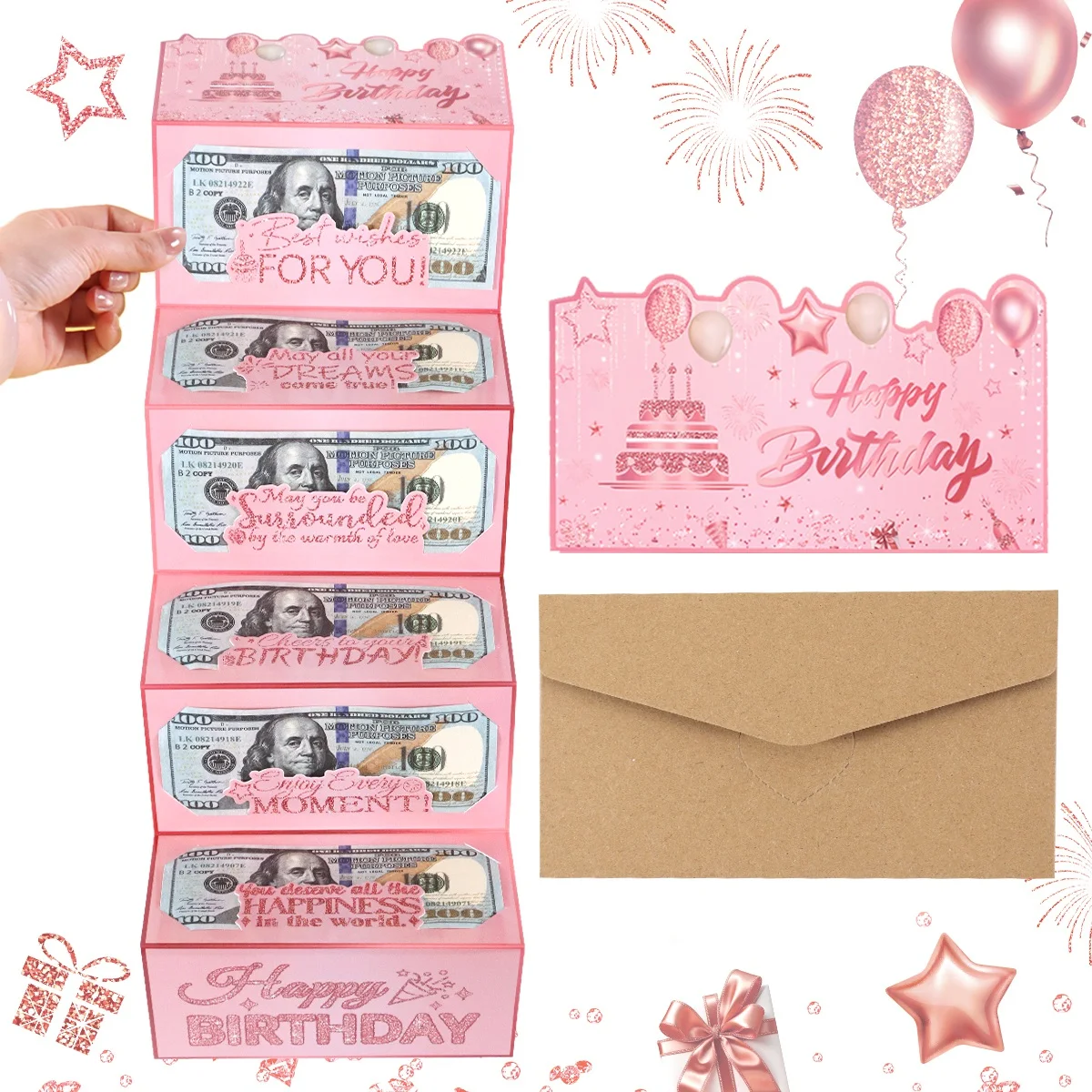 1pc Pink Happy Birthday Money Holder Card Glitter Balloons Cake Pattern Folding Money Envelope for Birthday Party Cash Supplies