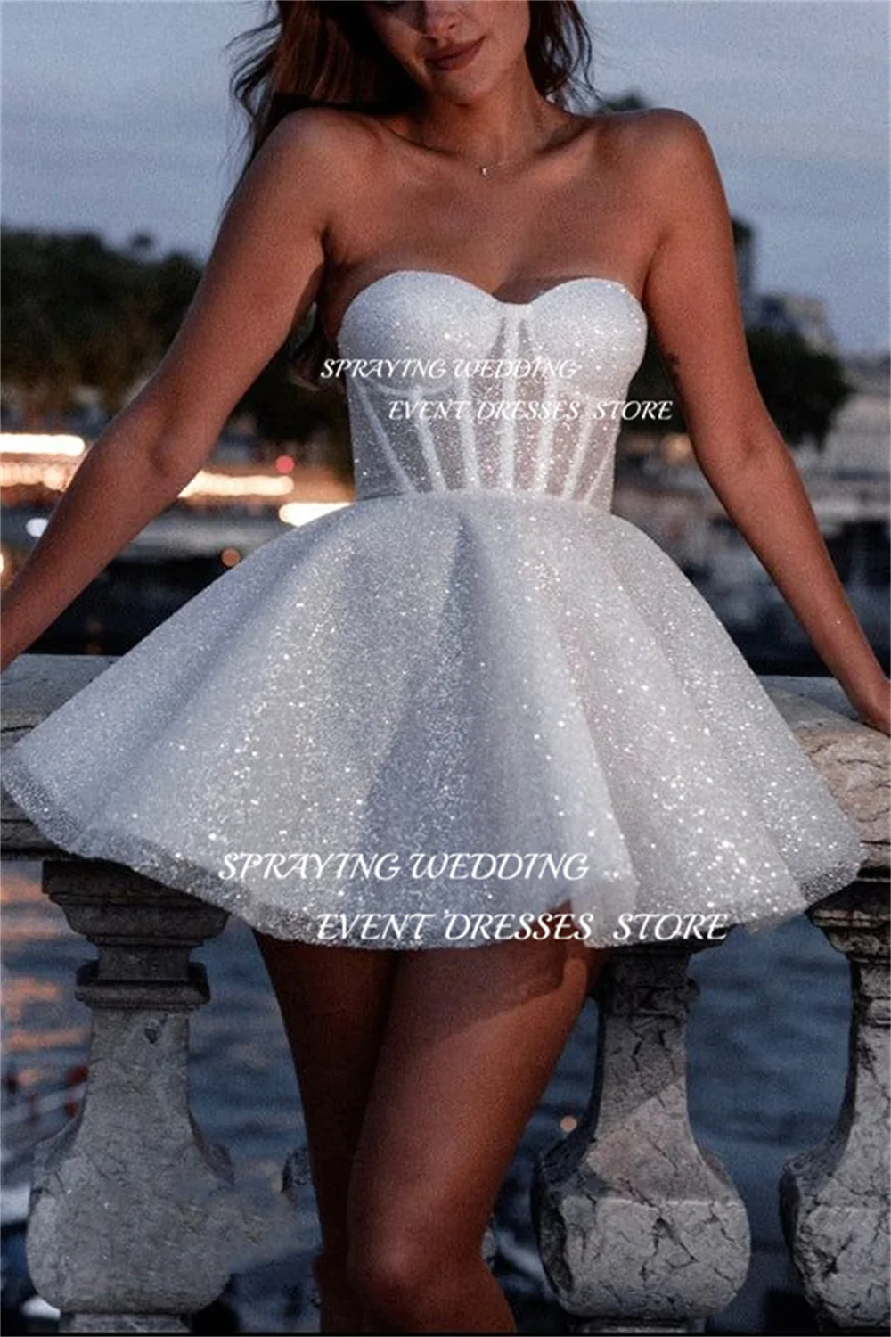 SPRAYING Organza Exquisite Mini Sweetheart Sparkly Bridal Gown Short Above knee White Wedding Dress Party Prom Dress