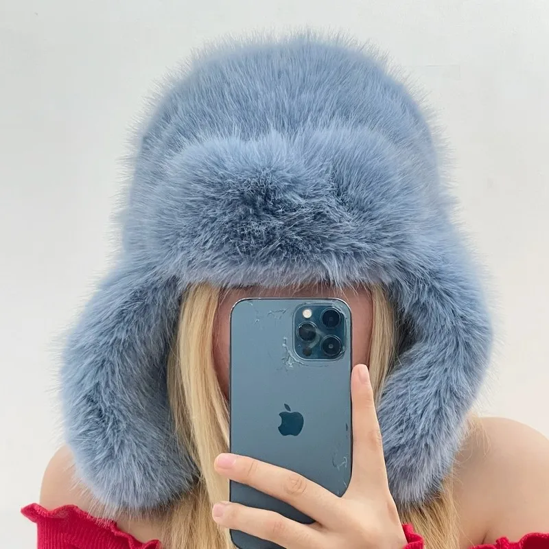 

Blue imitation mink velvet Lei Feng hat women's plush hat snow mountain cold warm retro ear protection hat winter