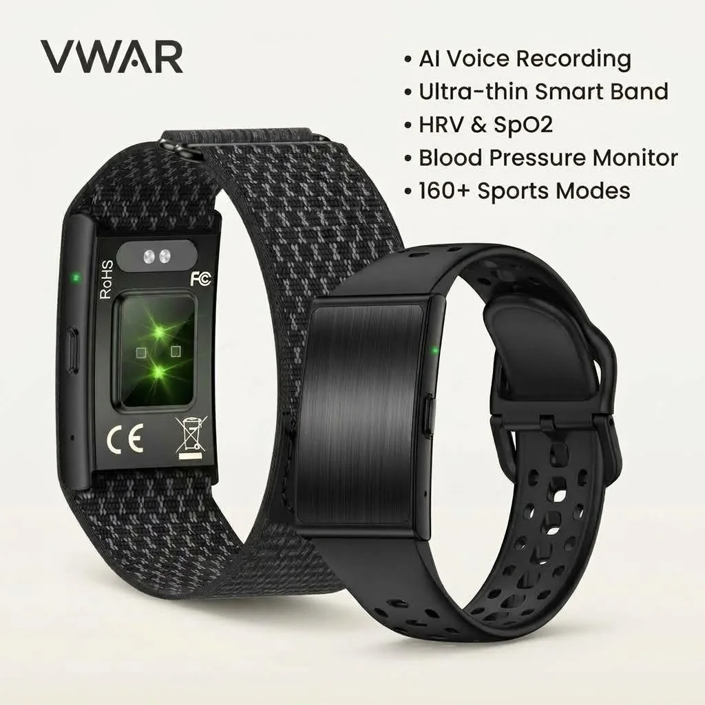 2026 VWAR Smart Band com Gravação Offline, Monitor de Atividade Física Ultrafino, Monitor de HRV, SpO2 e Pressão Arterial, 160+ Modos Esportivos, Reló