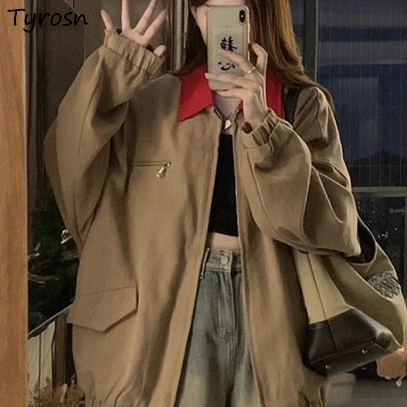 Jacket Women Square Collar Patchwork Panelled Zipper European Style Retro Loose Autumn Neutral Streetwear Chic Fashion Harajuku