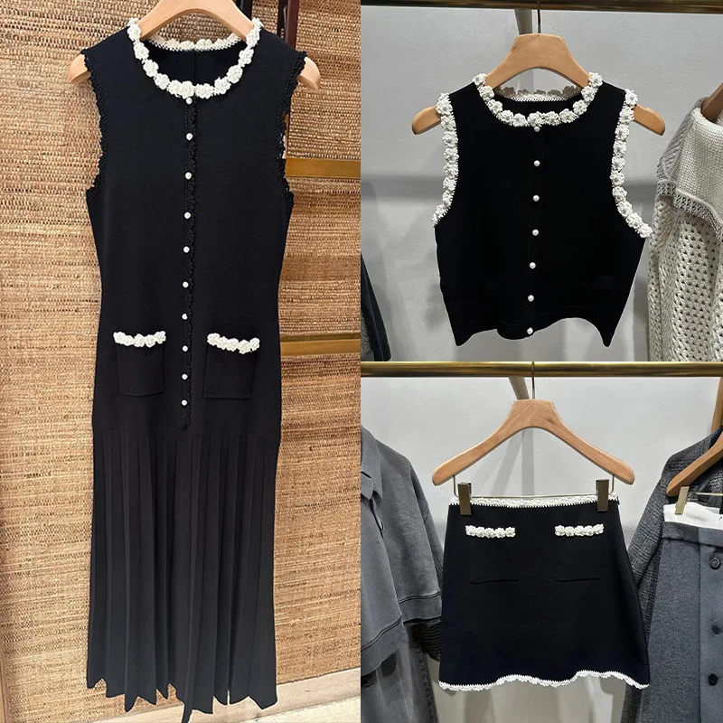 

Spring/Summer Women Lace Flower Pearl Buckle Set Sleeveless O-Neck Knitted Dress + Beaded Button Top + High Waist Mini Skirt