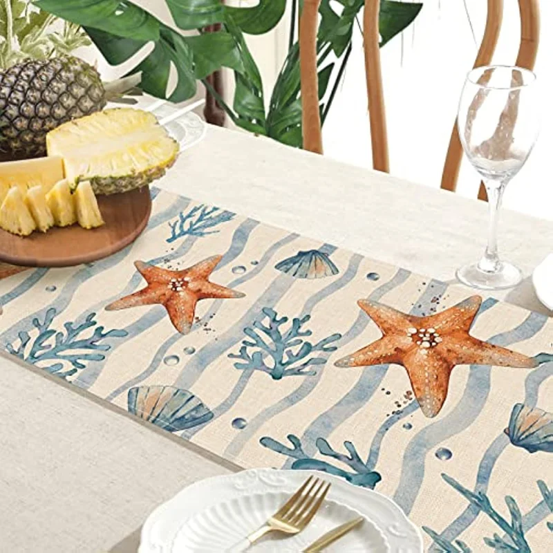 Summer Starfish Conch Coral Table Runner Coastal Ocean Waves Stripes Kitchen Table Decoration Home Decor Indoor Party Supplies