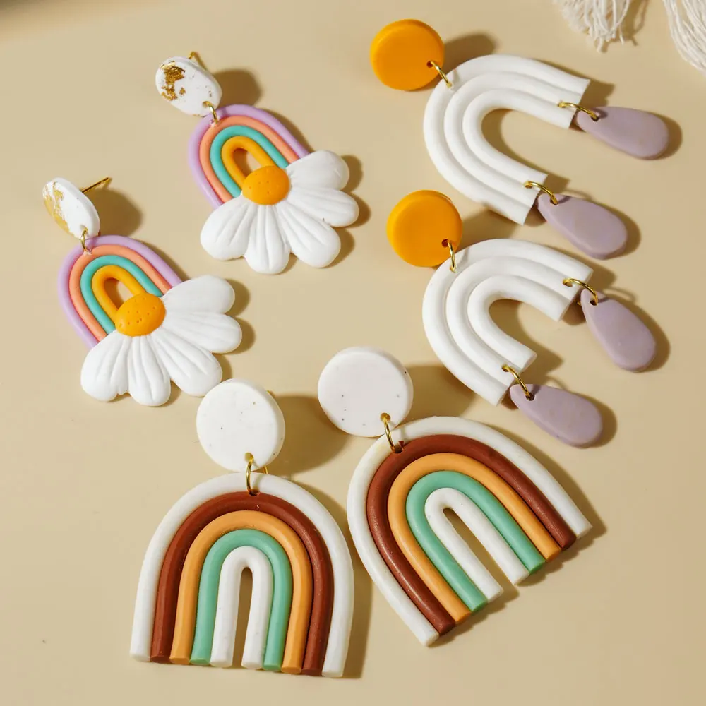 Bunte Regenbogen Blume Polymer Clay Tropfen Ohrringe für Frauen handgemachte Geometrie Ton baumeln Ohrringe Schmuck Party Geschenke