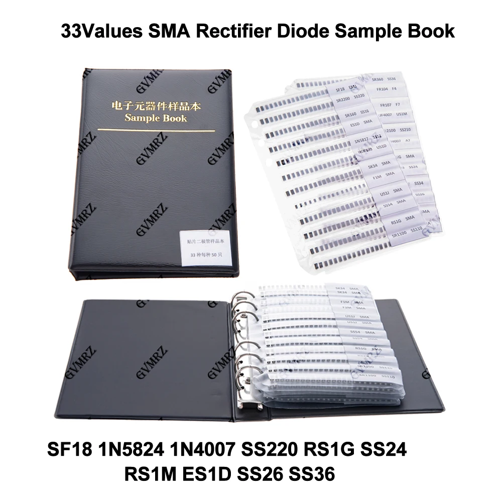 Kit de Surtido de Diodos Rectificadores 33Values RS1M ES1D SMA, Libro de Muestras SF18 1N5824 1N4007 SS220 RS1G SS24 SS26 SS36