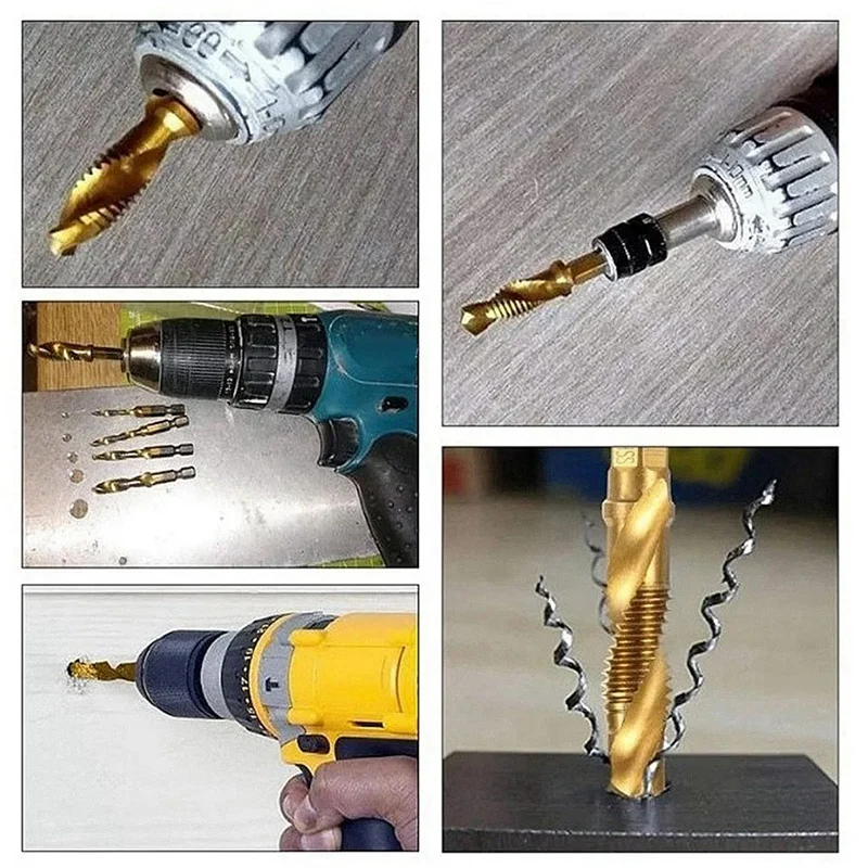 6Pcs High-Speed Steel 4341 Titanium Plated Composite Tap Drill And Tap Integrated Machine Tap Open And Chamfer Tool Set