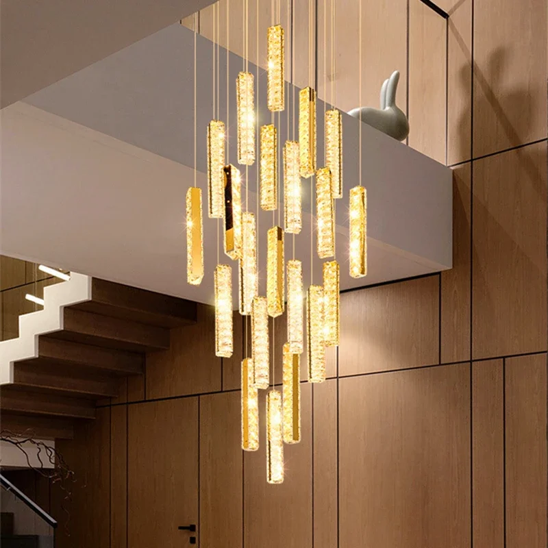 

Modern Crystal LED Chandelier For Living Room Nordic Duplex Spiral Staircase Hanging Lamps Luxury Long Cristal Home Indoor Light