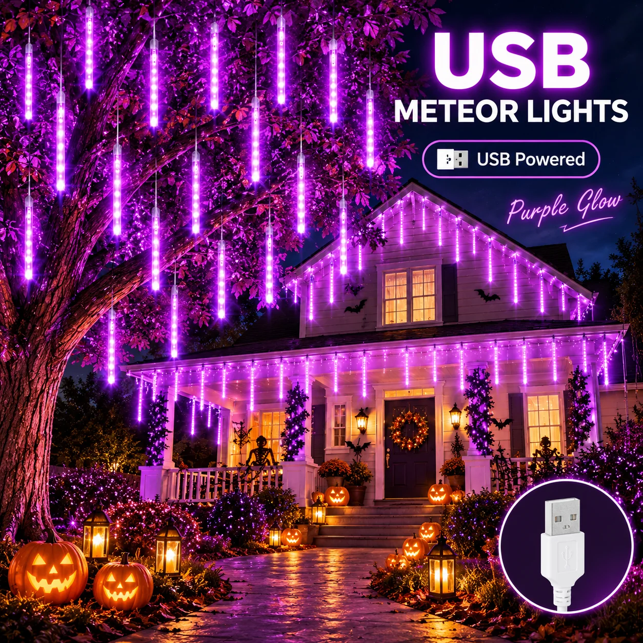 Halloween Purple Meteor Shower Lights USB Falling Rain Tubes 8 Modes for Tree Window Porch Garden Party Spooky Holiday Decor