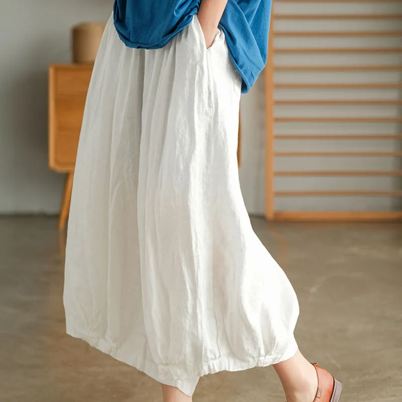 

ZOKI Cotton and linen knickerbockers women summer loose large size thin elastic waist pure color leisure wide leg trouser skirt