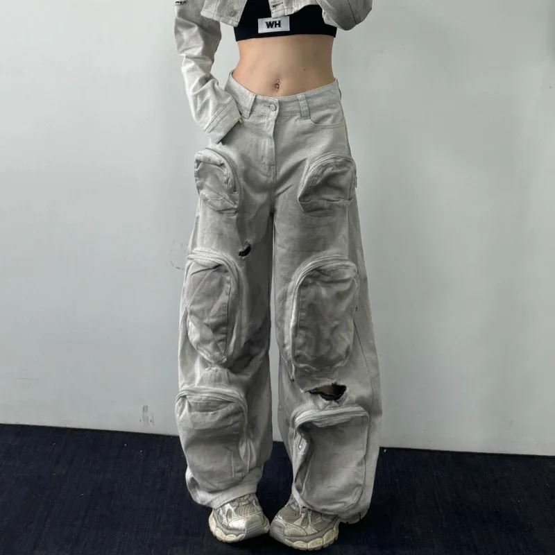 Y2K New Fashion Multi-pocket Old Washed Dirty Grey Hole Tooling Jeans Women High Street Popular Baggy Straight Trousers Tide