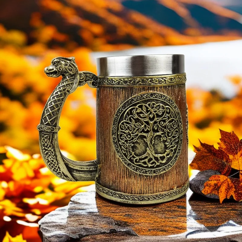 

1Pc Retro Tree of Life Resin Stainless Steel Beer Coffee Mug Medieval Viking Double Wall Jug Water Large Capacity Mug