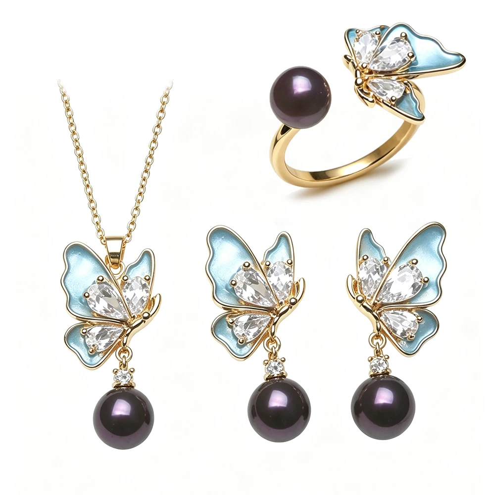 Echtes Süßwasserperlen-Set mit Halskette und Ohrringen, Elegantes 925er Silber Perlen-Ohrringe Anhänger Ring Set Geschenk für Ehefrau Mutter Weiß Schwarz – Detail 5