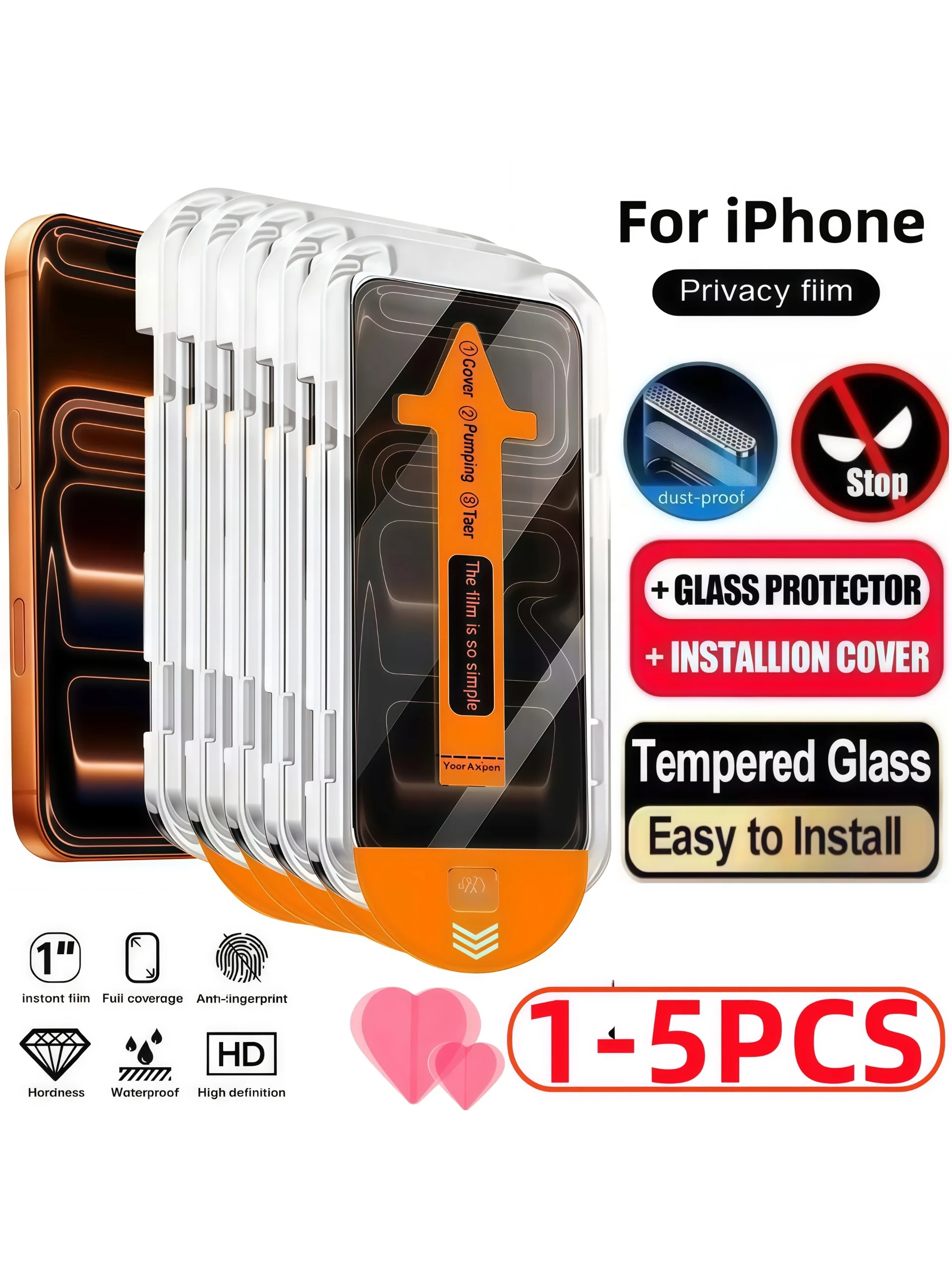 1-5 SZT. Folia Ochronna Prywatności Bezpyłowa Instalacja do iPhone 15 14 13 12 11 16 17 Pro Max Szkło Hartowane Anty-Spy — 2