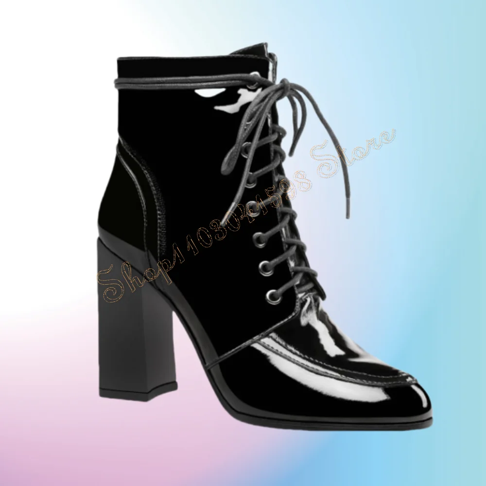 

Black Lace up Chunky High Heels Boots Patent Leather High Heels Shoes for Women Pointed Toe Heels 2024 New Zapatos Para Mujere