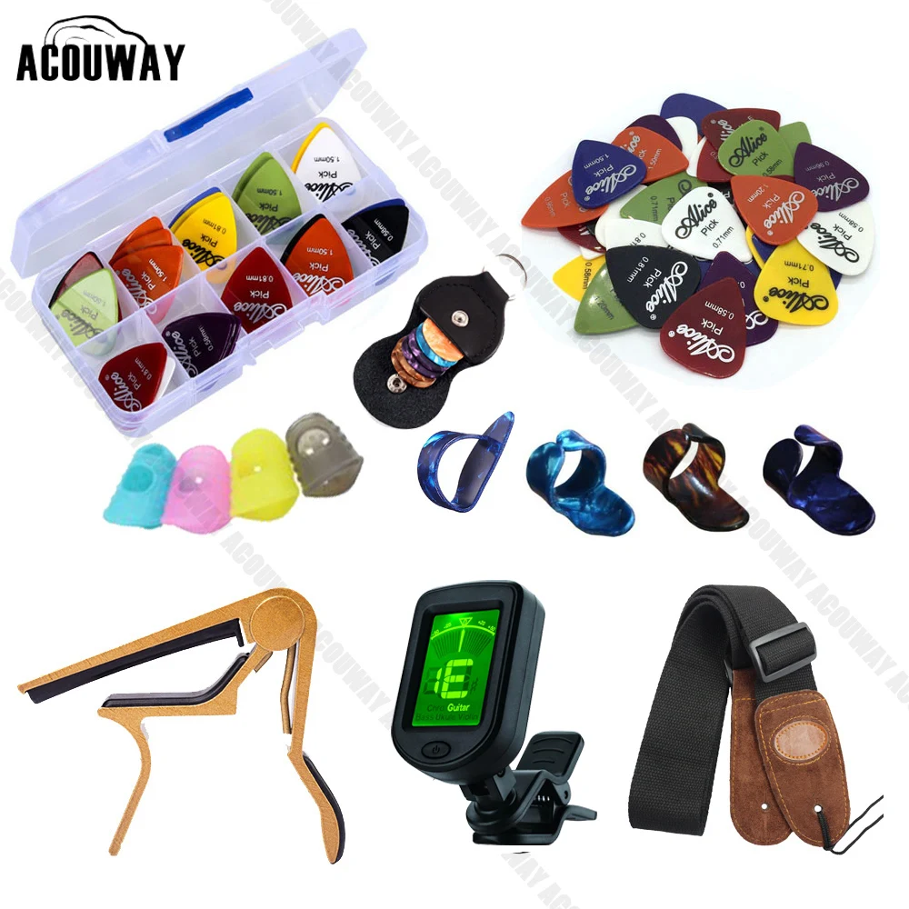 Juego de accesorios para guitarra, kit de púas, sintonizador de correa de guitarra Capo, Protector de punta de dedo, piezas de gancho de guitarra,