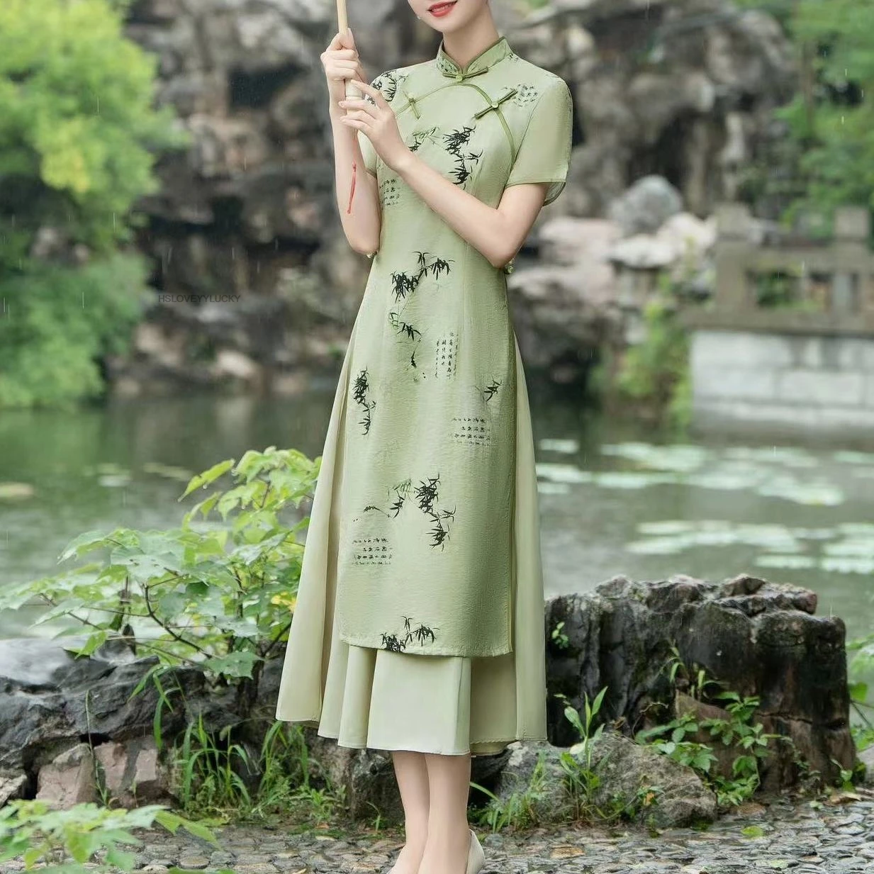 

Traditional Vietnam Woman Retro Ao Dai Elegant Chinese Style Chinese Green Summer Floral New Retro Daily Young Girl Dress