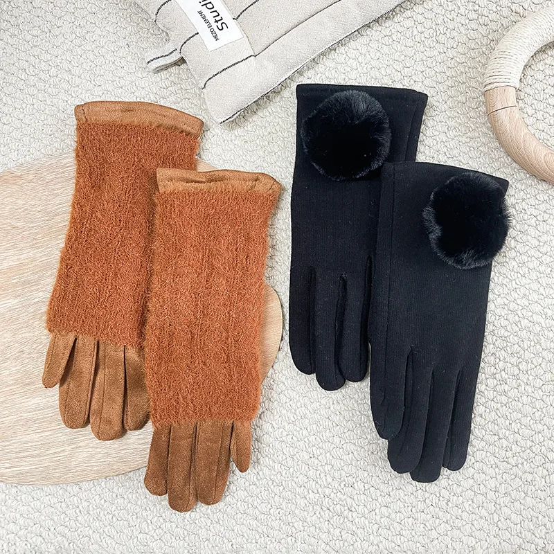 

Winter Split Finger Gloves Women's Back Velvet Suede Thread Set Large Hairball Winter Warm and Windproof Gloves Women's Style