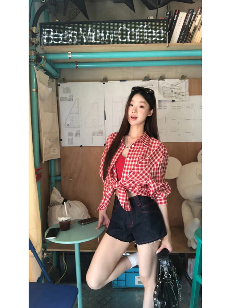 قميص نسائي أحمر منقوش صيفي جديد أنيق راقي خفيف الوزن مضاد للشيخوخة بأكمام طويلة فضفاض مريح مصنوع من مزيج البوليستر والقطن #3