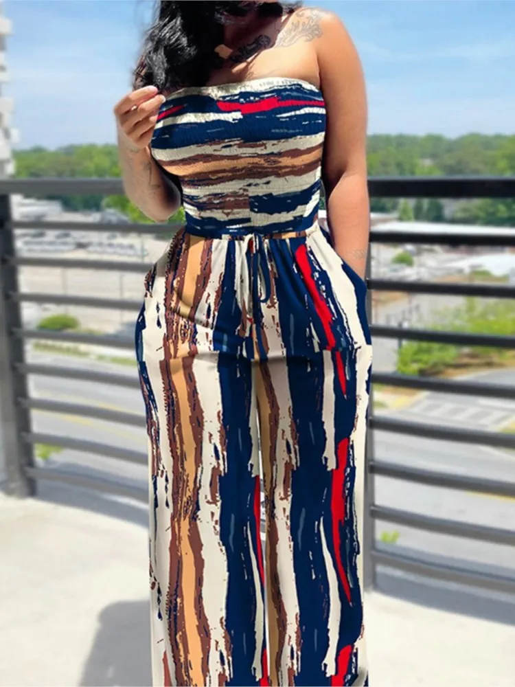 Women\'s Sexy Strapless One Piece Printed Pants Summer Fashion Lace Up High Waisted Slim Sleeveless Female Beach Holiday Jumpsuit