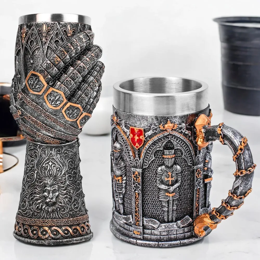 Armoured English Knight Latin Oath Beer Mug Tankard Stein Stainless Steel Armoured Glove Chalice Goblet Wine Glass - The Vow of 