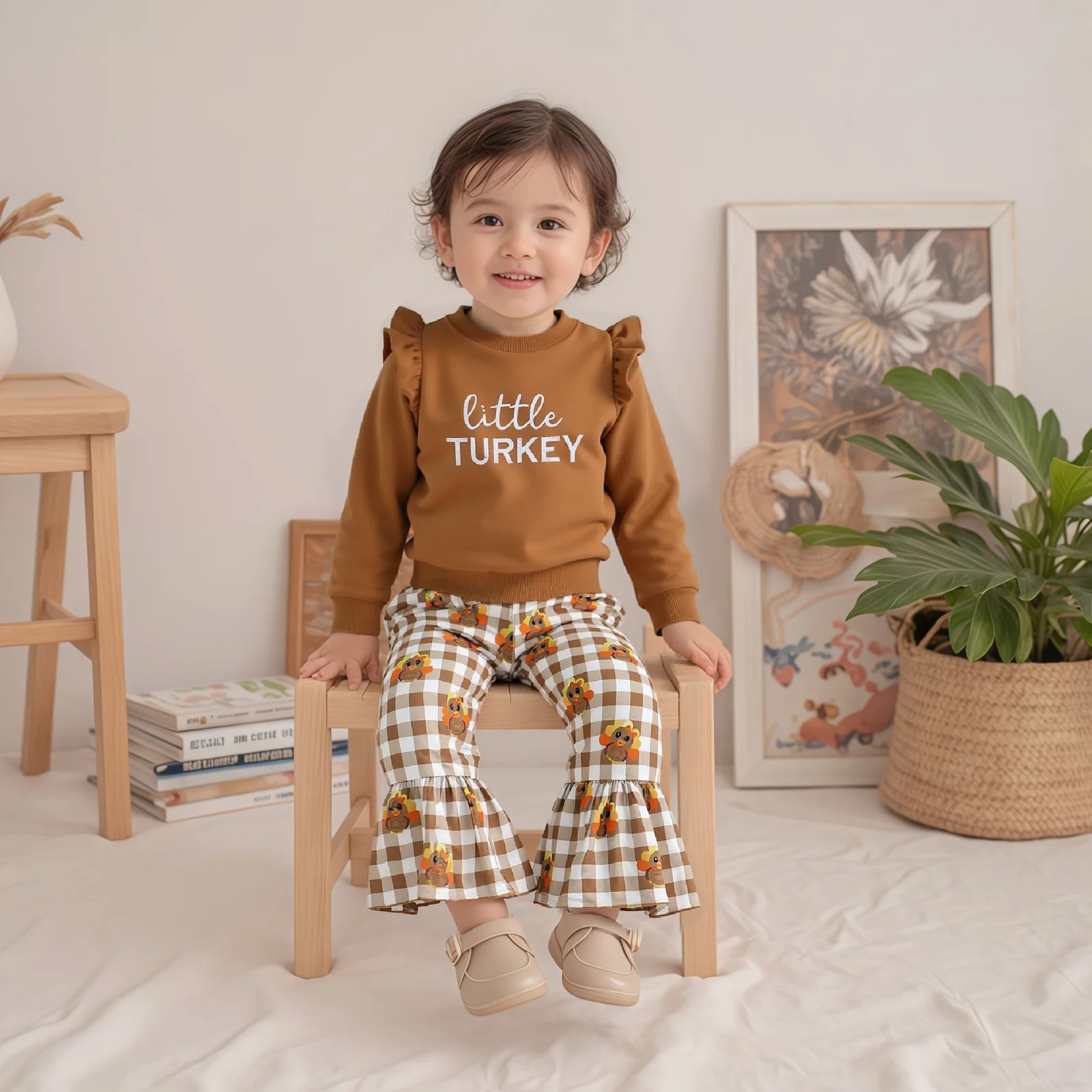 أطقم ملابس لعيد الشكر للفتيات الصغيرات من عمر 1 إلى 5 سنوات من FOCUSNORM سترة بأكمام طويلة مطبوعة بحروف وسراويل منقوشة تركيا مضيئة #1
