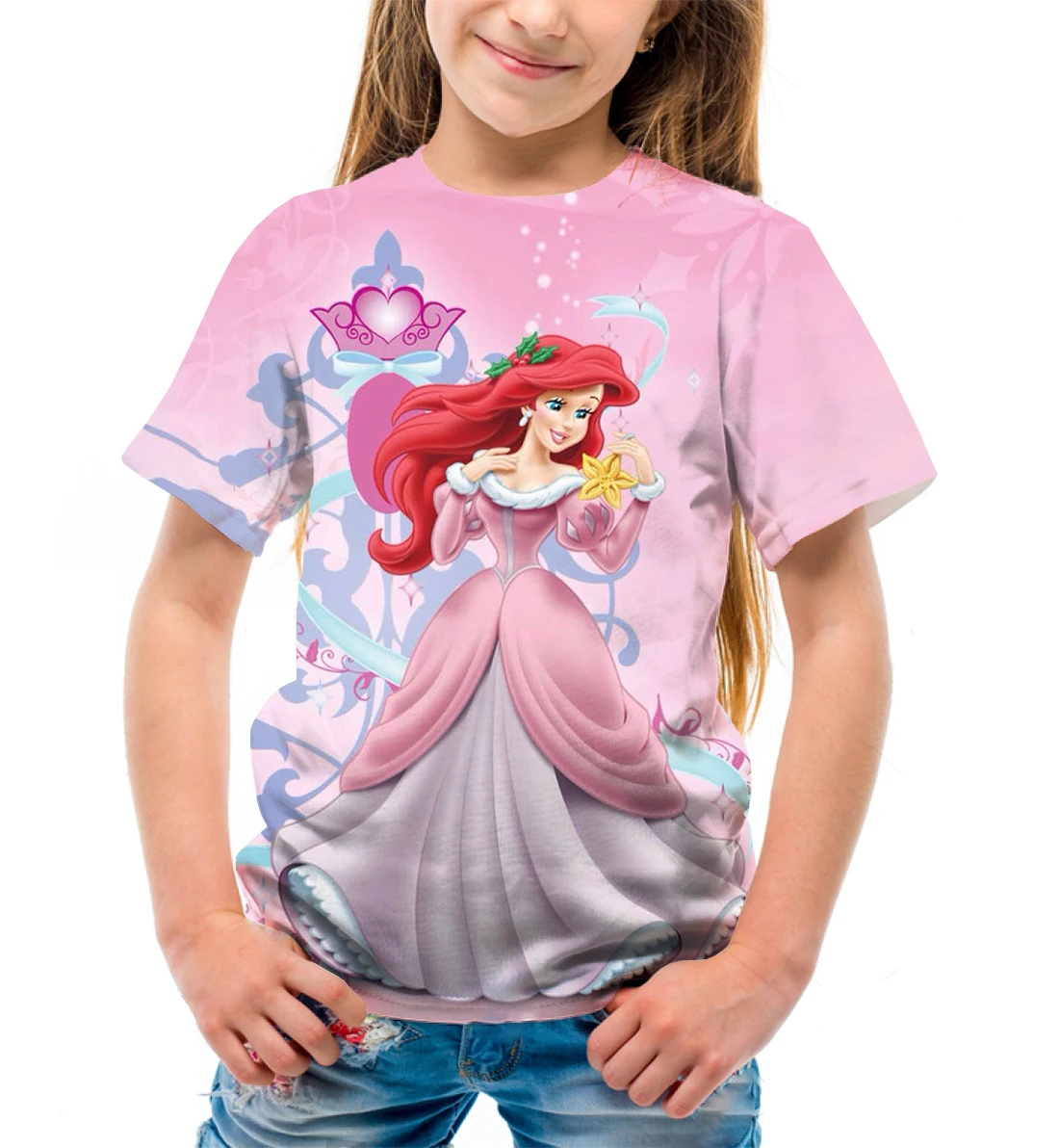 Disney Princess Elier Mermaid Mermaid Falling Top Women's Korean Fashion T -shirt Summer Clothing Short Sleeve