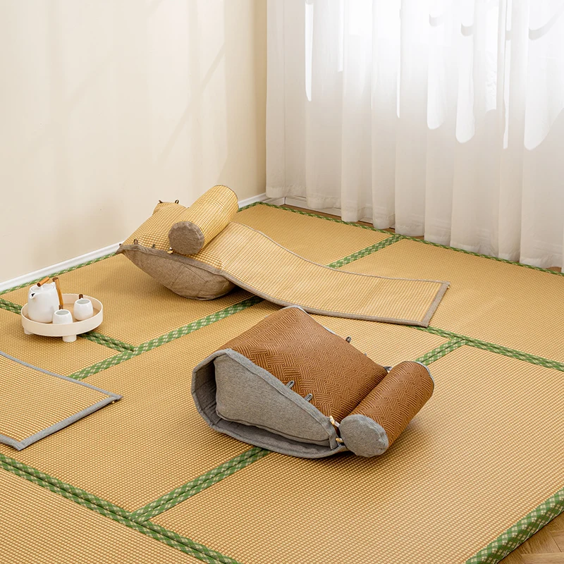 Tatami Floor Pillow Adjustable Lumbar Support with Rattan Mat All-Season Bed Backrest Japanese Chaise