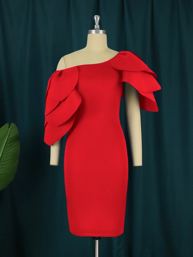 Women Red Party Dresses Bare Shoulder Leaf Tailoring Knee Length Dress Elegant Ladies Celebrity Birthday Evening Event Gowns 4XL