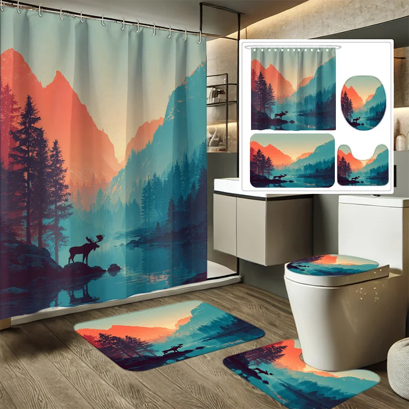 

4pcs Mountain Lake Twilight Tranquility Printed Shower Curtain Set, Decorative Bathroom Set Includes Shower Curtain, Non-Slip