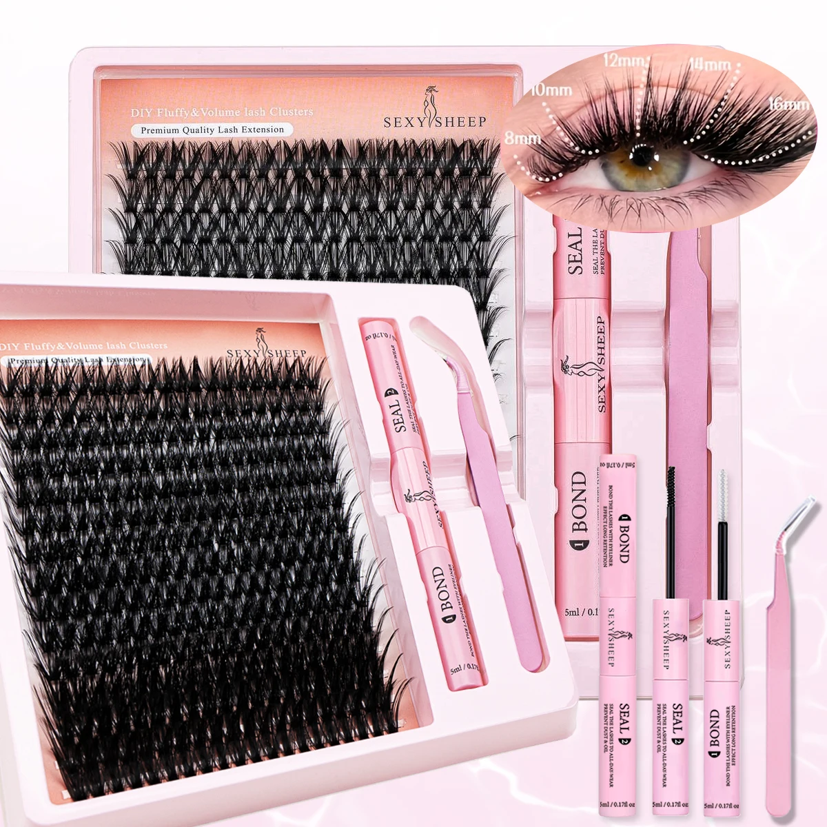 まつげエクステキット Cカール まつげクラスター 9-16mm ミックス グルー、まつげピンセット、再利用可能な個別まつげを含む、毎日の使用に