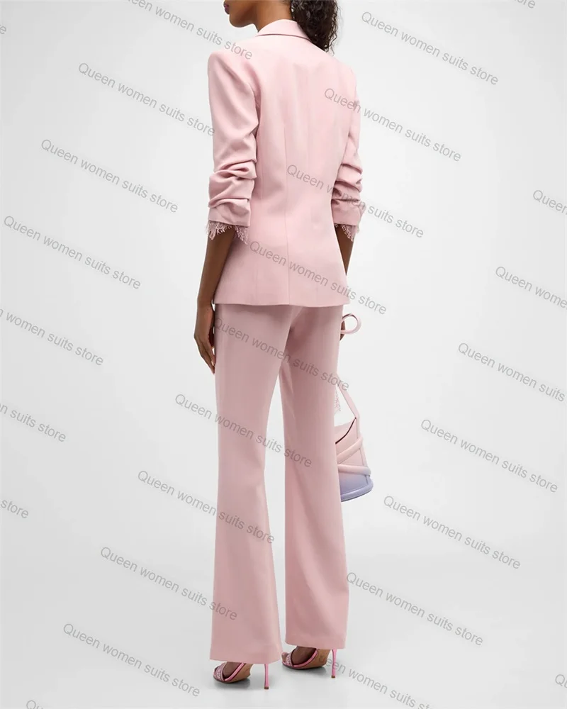 Pink Wedding Women Suit 2 Piece Blazer With Lace Strap+Pants Sexy V Neck Jacket Coat Outfit Formal Guest Prom Dress Custom Made