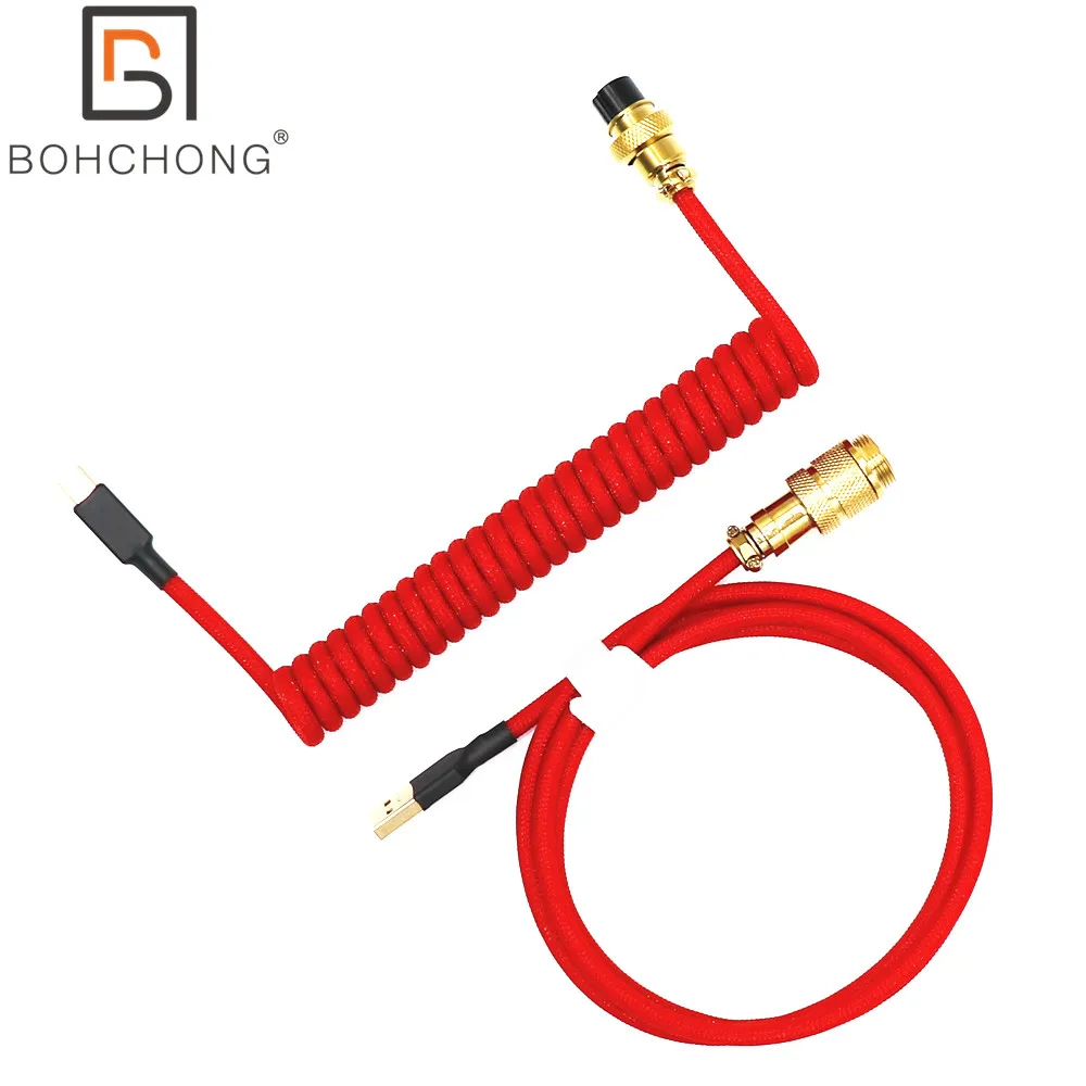 Handmade Custom Spiral Z Shape Double Sleeved USB to Type C Coiled Cable Micro Mini 5P for Mechanical Keyboard Gold GX16 Aviator