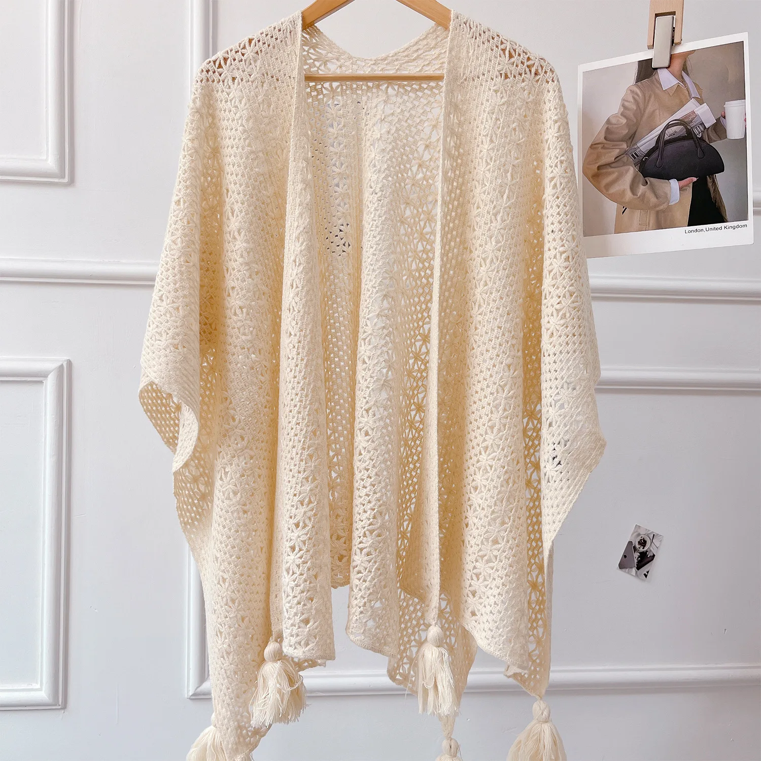 Poncho Cloak Ethnic Style Tourism Holiday Outwear Photography Knitted Tassel Split Shawl for Women Capes Lady Spring Coat Beige