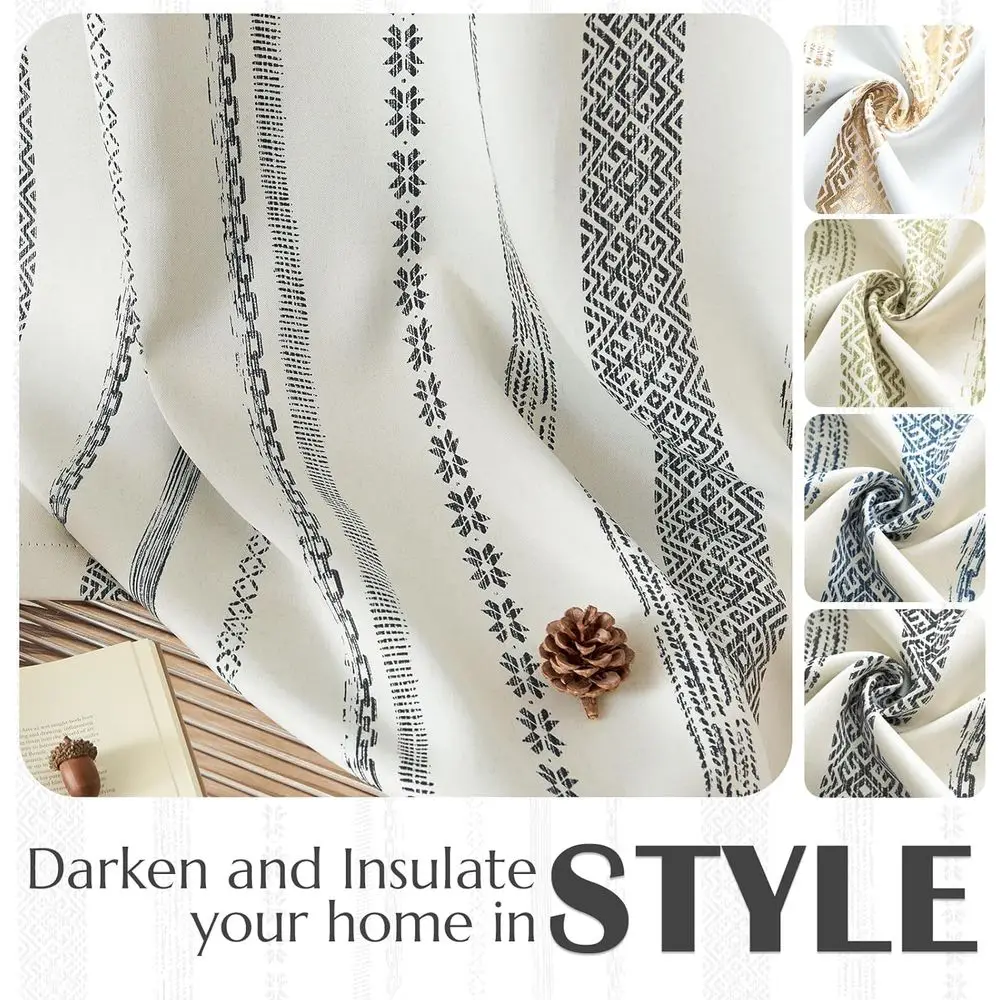 ผ้าม่านกันแสงแบบโบโฮ 90 ผืน พร้อมลายเรขาคณิตสีเบจสำหรับห้องนอน ชุด 2 แผง