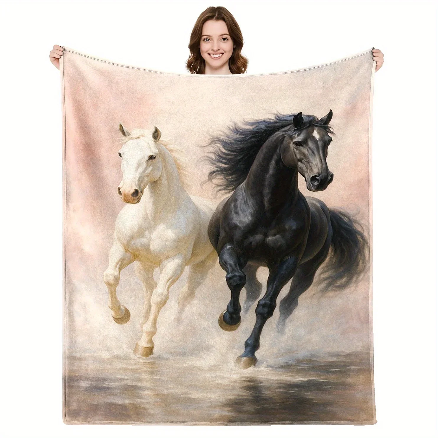 Realistic Horse Art Throw Blanket Featuring Majestic White and Black Stallions Running Through Water Equestrian Decor Gift
