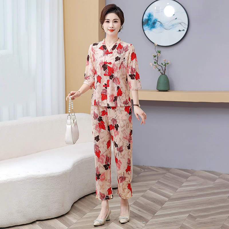 Neue Elegante Pullover Hosen Sommer Anzug Frauen Harajuku Stil Anzug Sommer asiatischen stil Lose V-ausschnitt Druck Top + Hosen Zwei stück