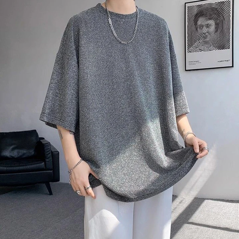 Summer O Neck Men Short Sleeve T Shirt Fashion Vintage Harajuku All-match Simple Oversized Clothing Top Daily Office Silver Grey