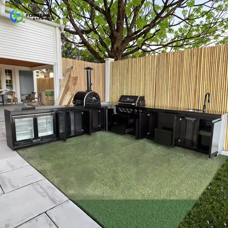 Customized Luxury Modern Modular BBQ Island Black Titanium Finished 6 Burner Propane Stove Outdoor Kitchen
