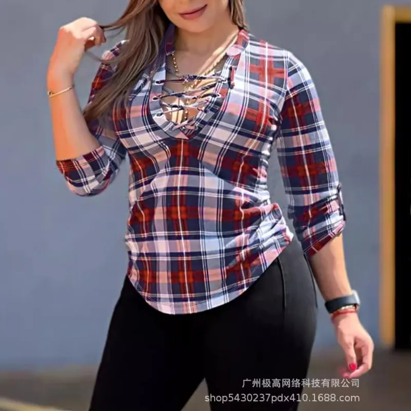 2024 Spring Summer New Women's Cloting Lapel Plaid Tied Long Sleeves Casual Top