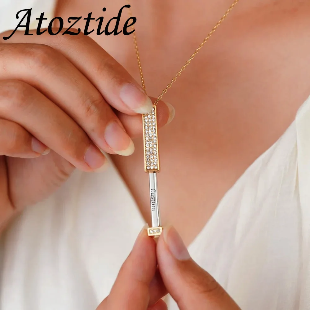 Atoztide Engrave Name Zircon Bar Necklaces for Women Copper Material Thick Chain Custom Pendant DIY Jewelry Birthday Gifts