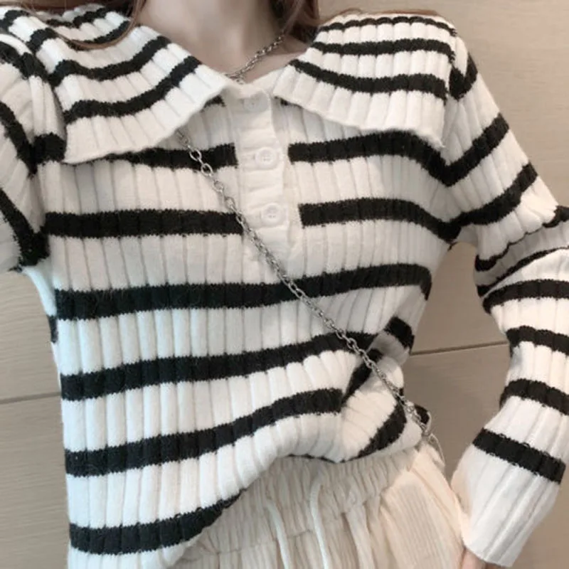 

Black White Striped Women's Sweater Korean Peter Pan Collar Knitted Sweaters Ladies Autumn Winter Ribbed Pullover Top