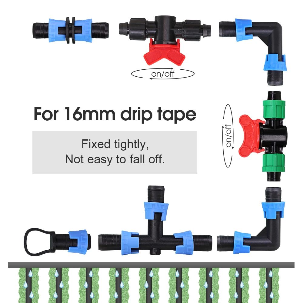 16MM taśma kroplująca złącze wody rura ogrodowa łącznik adapter blokada nawadnianie kropelkowe złączki do węży odciąć kolanko równe Tee Barb złącza