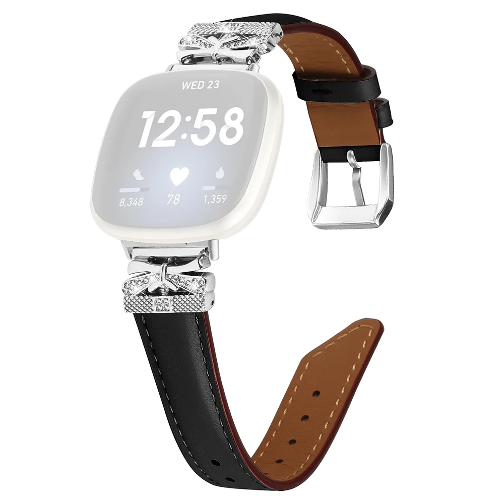 

For Fitbit Versa 3 / 4 / Sense / Sense 2 Silver Buckle Watchband Butterfly Connector Strap - Black