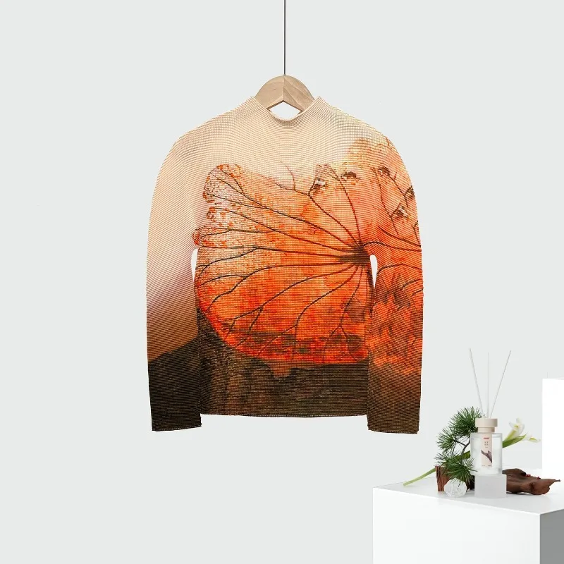 미야케 플리츠 여성용 긴팔 티셔츠 패션 프린트 우아한 하프 하이넥 풀오버 심플 핏 스트레치 플러스 사이즈 의류