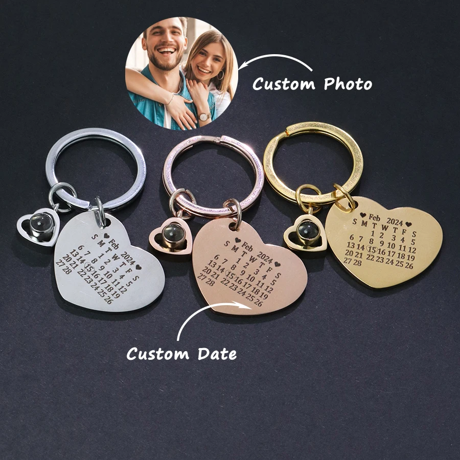 Personalized Text Date Heart Calendar Keyrings with Custom Photo Projection Keychain for  Memory Stainless Steel Gift Jewelry